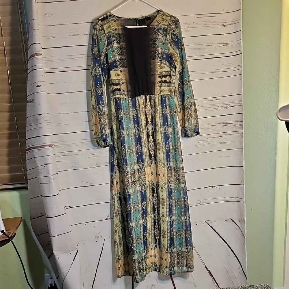 PETTICOAT‎ aLLEY Abstract Print Long Sleeve Maxi Dress Sheer Chiffon Size M